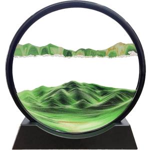 3D Dynamic Sand Art Liquid Motion, Moving Sand Art Picture Round Glass 3D Deep Sea Sandscape in Motion Display Flowing Sand Frame Relaxing Desktop Home Office Work Decor (7, Green)