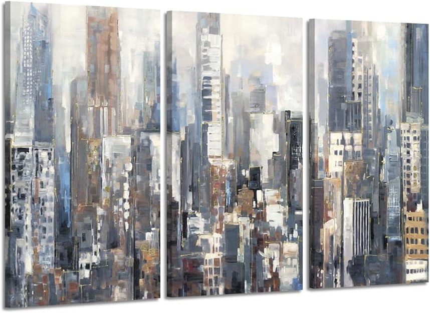 Abstract Cityscape Canvas Wall Art: City Artwork Picture Painting Prints on Canvas for Living Room (26'' x 16'' x 3 Panels)