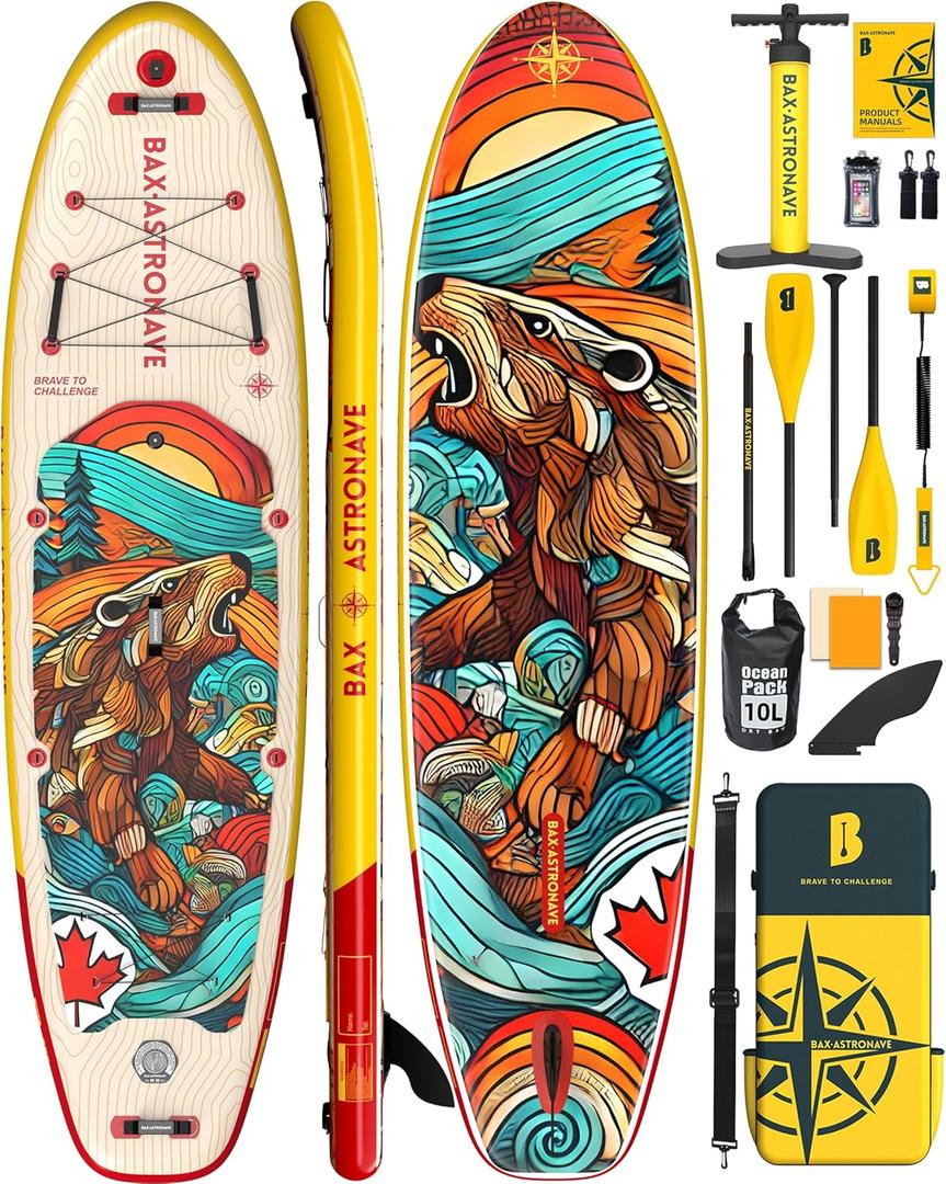 Inflatable Stand Up Paddle Board for Adults-11ft Extra Wide Fishing Paddleboard Ultra Stable Standup SUP with Accessories Backpack,Pump,Ankle Leash,Upgraded Fins(Yellow, 11'35)