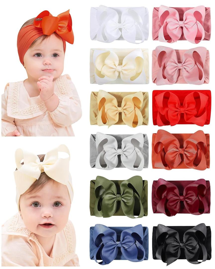 doboi Baby Girl Headband - 12pcs Nylon Hair Accessories with Big Ribbon Bows, Soft Lightweight Headbands for Baby Girls Infant Newborn Toddler