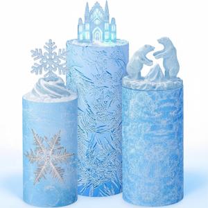 Set of 3 Wonderland Spandex Cylinder Stand Covers for Party, Snowflake Winter Cylinder Pedestal Covers, Dessert Tables Display for Birthday Tea Party Wedding Backdrop Decor(Blue, Snow)
