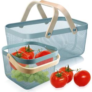 Cheardia 2 Pack Picnic Baskets, Metal Mesh Harvest Basket with Foldable Wooden Handle, Rectangle Garden Storage Basket Bin for Vegetable Fruit Garden Kitchen Cabinet Picking Gathering, Blue