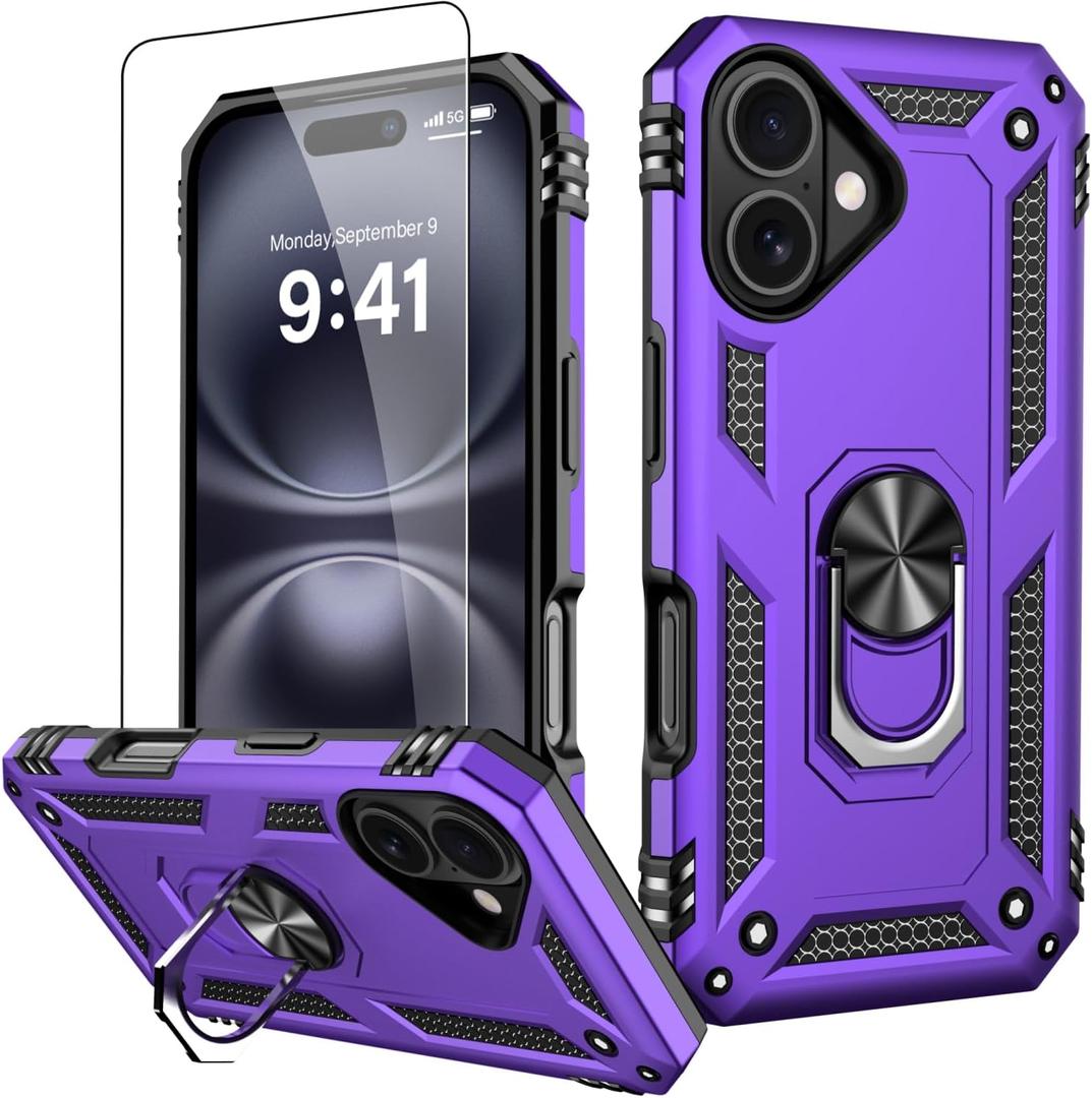 IKAZZ for iPhone 16 Case 6.1 Inch with Screen Protector,Military Grade Shockproof Heavy Duty Protective Phone Cover Pass 16ft Drop Test with Magnetic Kickstand Car Holder,Purple Color
