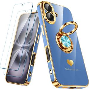 Compatible for iPhone 16 Case with 2 Pack Screen Protector, 360 Rotatable Ring Holder [Luxury Hearts Pattern] Plating Gold Edge Slim Soft Phone Cover Case for iPhone 16 - Lake Blue