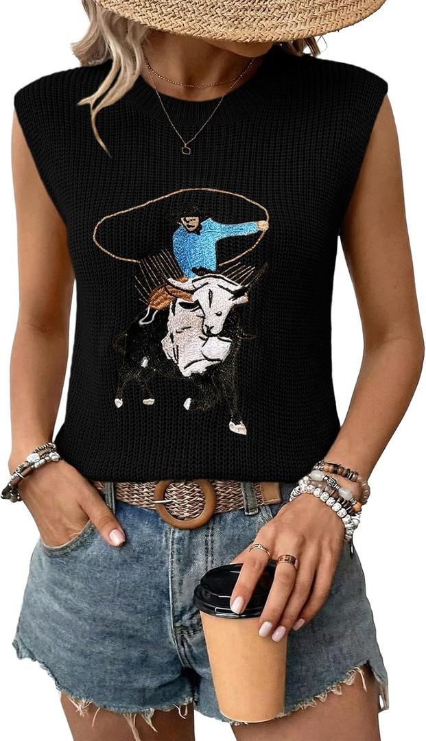 SHEWIN Women Summer Sweater Vest Sleveless Printed Tops Business Casual 2026 (Black, L)