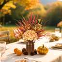 Artificial Fall Flowers with Metal Pot, Orange Silk Fall Leaves Stems with Hydrangea Berry Branches & Eucalyptus for Autumn Thanksgiving Table Centerpiece Decor (Red and Orange)
