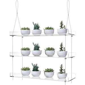 3-Tier Hanging Acrylic Plant Shelves for Windows, Each Tier 16 Inch Long, Height Adjustable Plant Stand, Clear Hanging Plant Stand for Indoor Windows, Grow Herbs,Flower