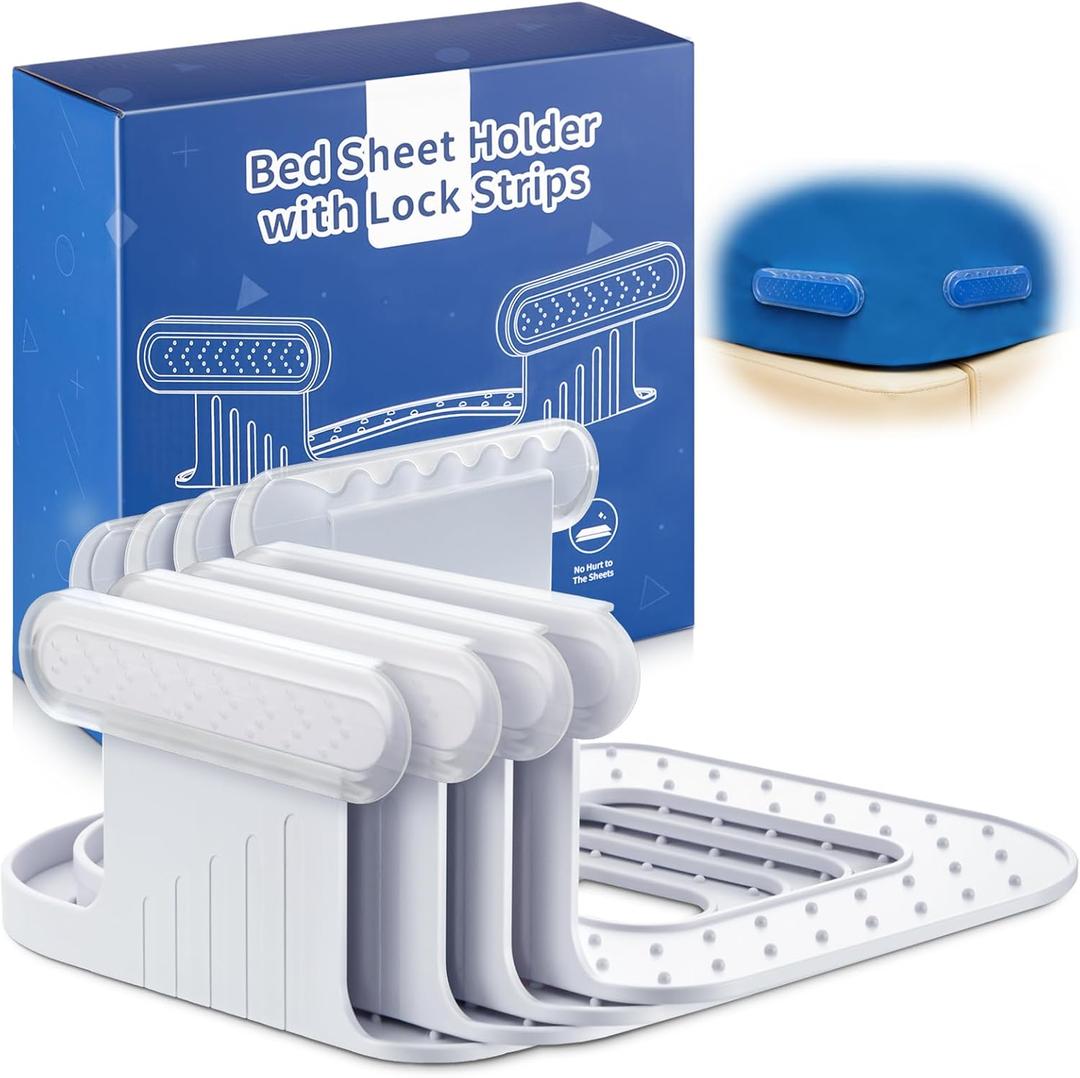 Bed Sheet Holder with Lock Strips, Open Corner Heavy Duty Bedsheet Clips with Enhanced Straps, No More Loose Sheets, Keep Sheets Firm and Tight, Easy Installation (Clear) (4PCS)