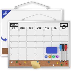Monthly Calendar Dry Erase Board 16x12 Inch, Double-Sided Whiteboard and Corkboard Combo, Wall Mounted Planner Organizer with Markers, Magnets, Push Pins, Eraser, for Home Office School