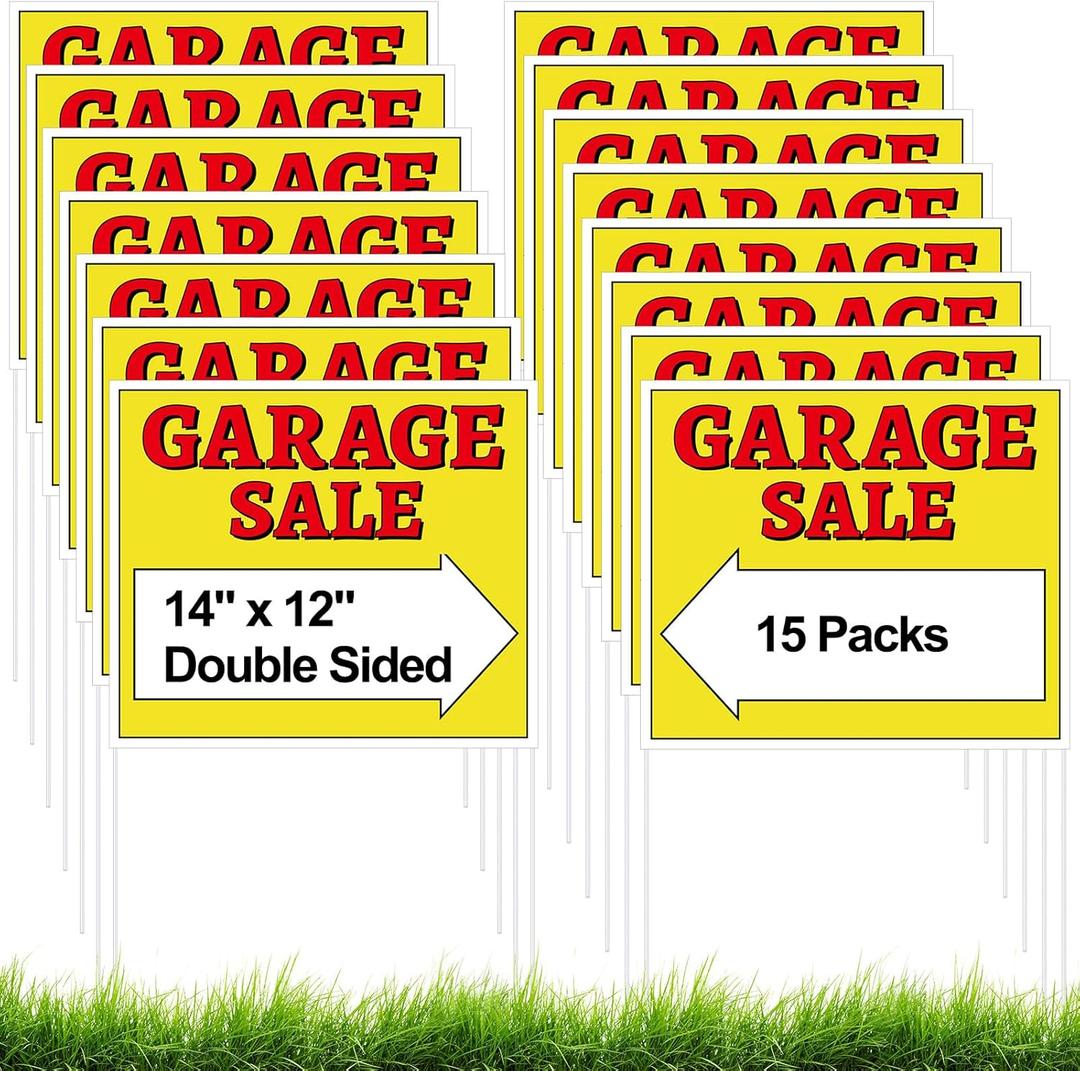 Geetery 15 Packs Garage Sale Signs with Stakes 22" x 14" Bulk Corrugated Plastic Double Sided Yard Sale Sign with Directional Arrows