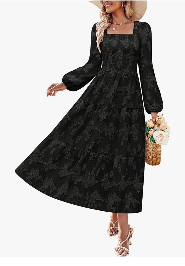Women's 2026 Fall Floral Midi Dress Long Sleeve Smocked Flowy Long Wedding Guest Vacation Dresses, Small