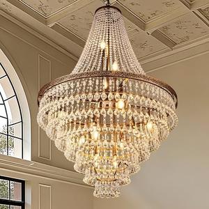 Wellmet French Empire Crystal Chandeliers, Antique Bronze Chandeliers 13 Lights, Rustic Farmhouse Chandelier High Ceiling Light Fixture for Entryway, Foyer, Dining Room, Staircase, 34" W