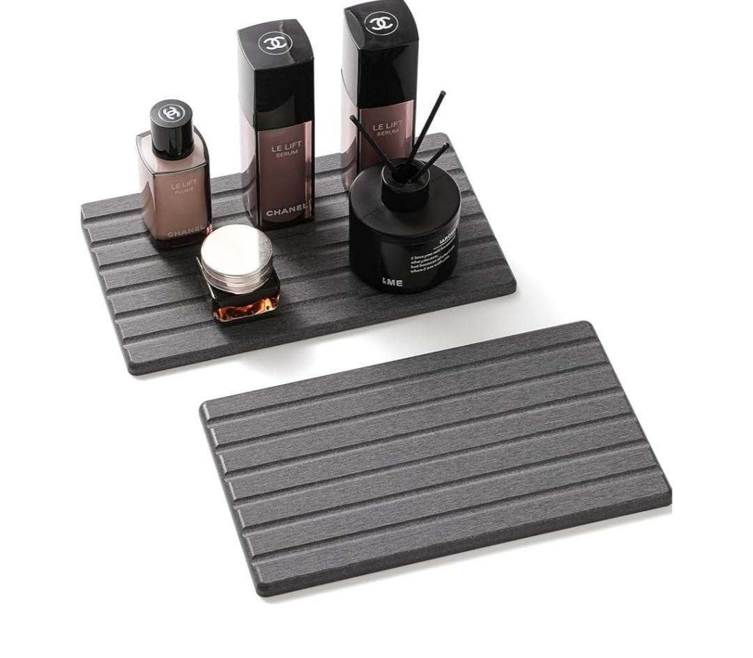 2PCS Water Absorbing Stone Drying Tray Mat for Bathroom Sink & Kitchen Counter Organizer, Quick Dry Dish Soap Dispenser Sponge Holder, Vanity Sink Caddy, Coaster, Dark Gray - 10" x 6"