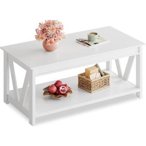 WLIVE Coffee Table with Storage Shelf, 39.4" Farmhouse Coffee Table with V-Frame Support, 2-Tier Wood Rustic Center Table for Living Room, Bedroom & Balcony, All White, 39.4in
