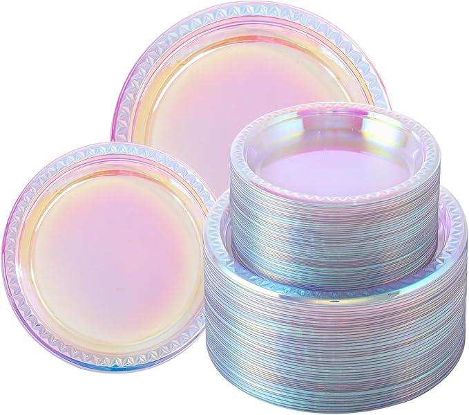 Supernal 120 Pcs Iridescent Sparkle Plastic Plates, Disposable Plates for Party Valentine's Day Mother's Day and Easter, Clear Neon Rainbow Plastic Plates, 60 Pcs Dinner Plates and 60 Pcs Dessert Plates