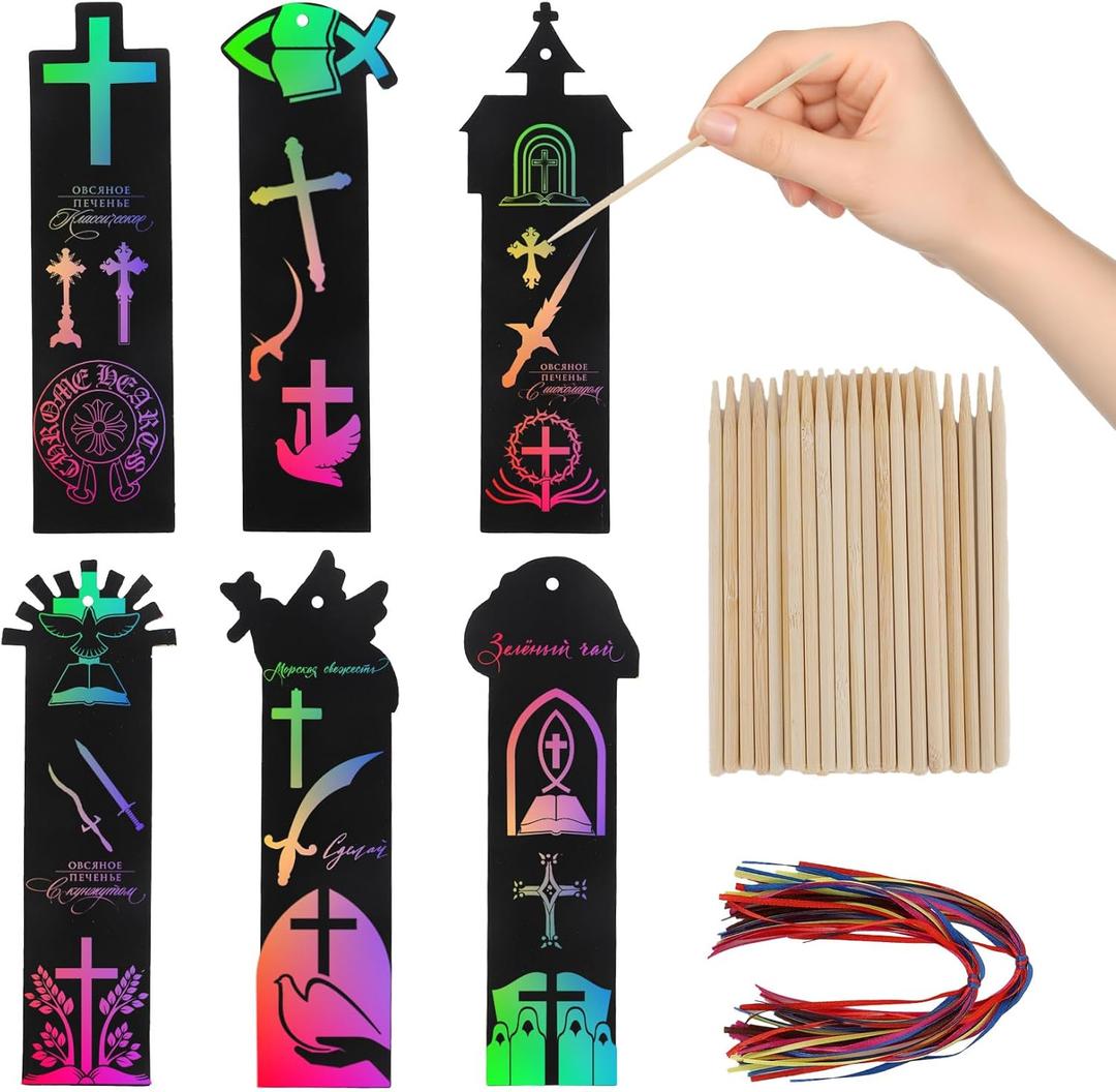 2 x Christian Rainbow Scratch Bookmarks,Easter Basket Stuffers,Party Favors 60 Ribbons 30 Bamboo Stylus Bible Art Crafts Sunday School Crafts Christmas Scratch Off Cards Religious Gifts