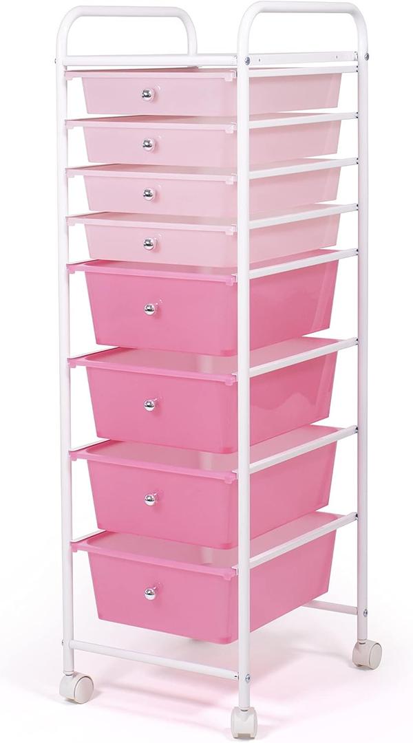Humble Crew 8 Drawer Rolling Storage Cart with Wheels, Slim Plastic Organizer Trolley for Crafts, Office, School, Makeup & More, Metal Frame, Pink