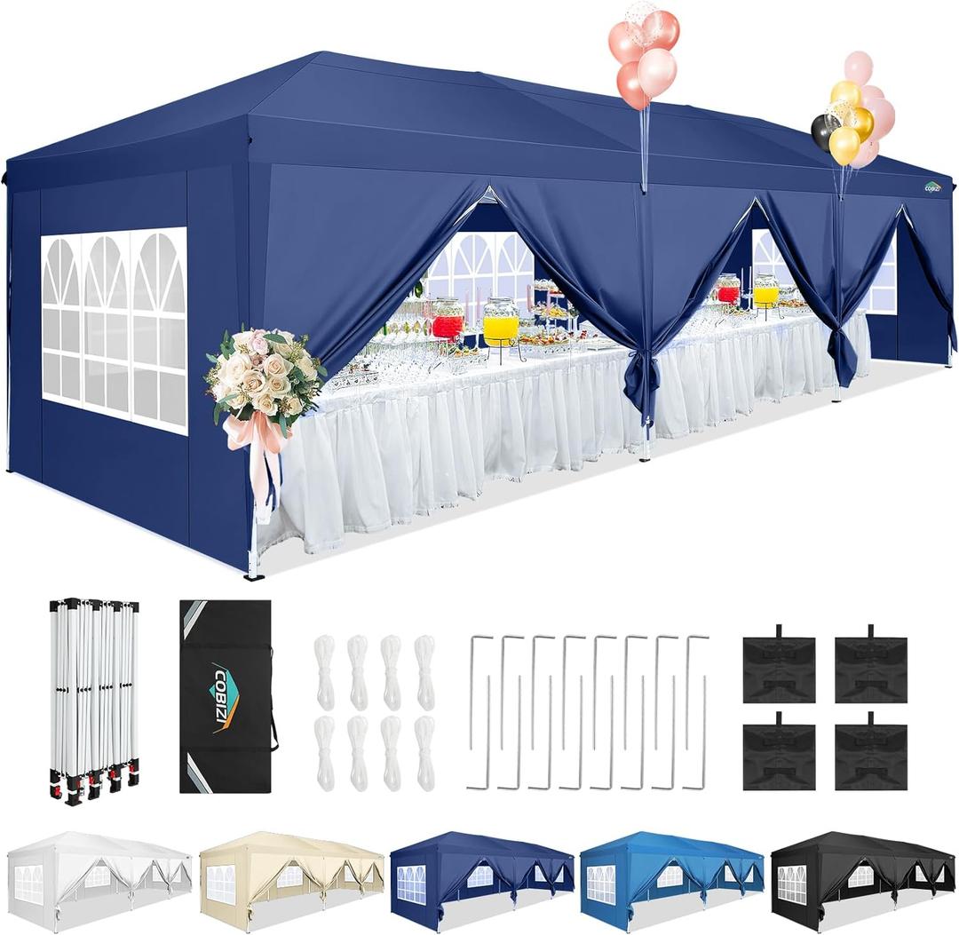 COBIZI 10x30 Canopy Party Tent with 8 Walls 10x30 Pop Up Tent for Parties Waterproof UPF 50+ Outdoor Commercial Event Tent for Party Backyard Gazebo Canopy with Sidewalls & Sandbags(Navy Blue, 10x30ft)