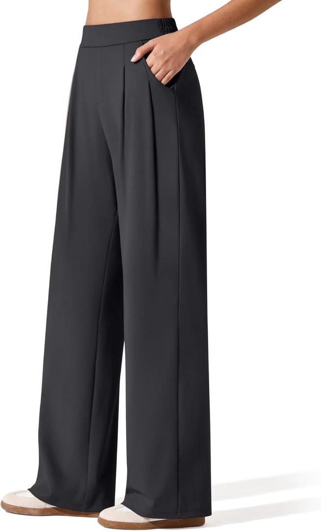 G4Free ShiftReady Women's Wide Leg Dress Yoga Pants with Pockets Two Front Pleated Casual Slack High Waist Work Trousers (Medium, Black)