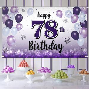 Happy 78th Birthday Decorations,78th Purple Balloon Large Birthday Banner Backdrop Sign,78 Years Old Bday Party Supplies.