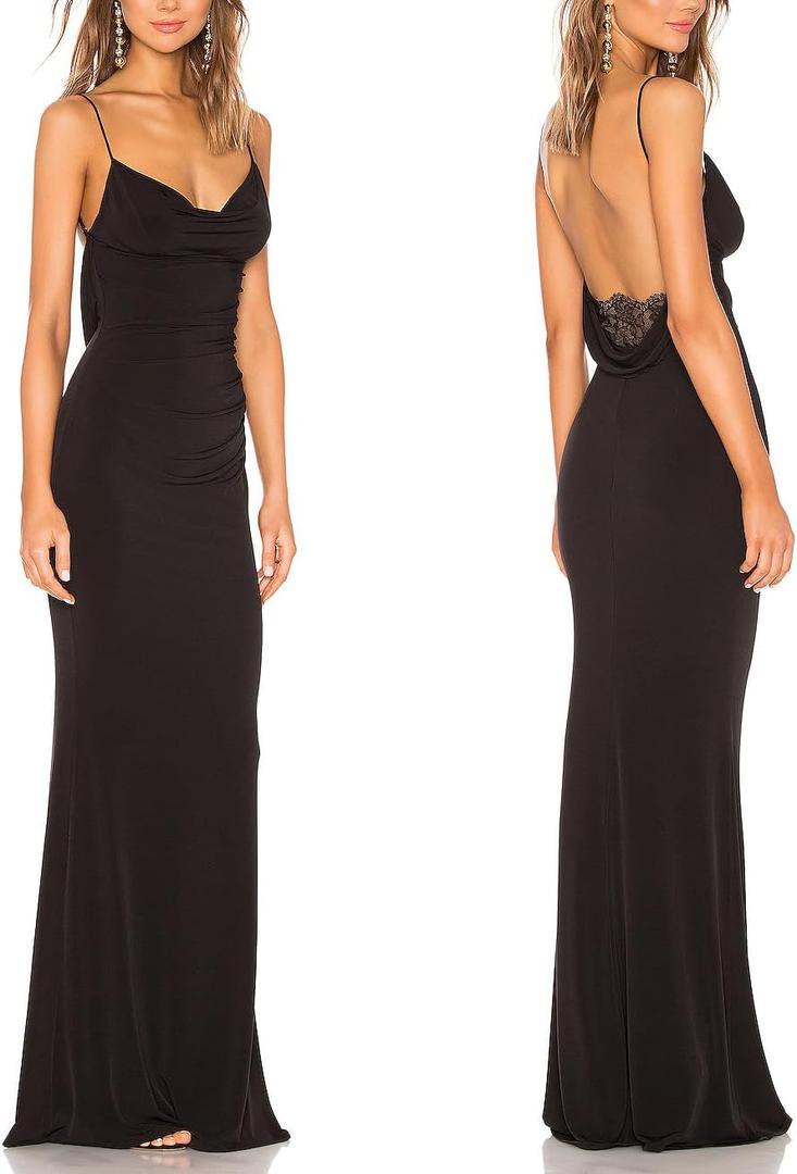 Capuffy Women Drape Neck Formal Maxi Dresses Lace Backless Cocktail Party Dress Spaghetti Straps Mermaid Evening Gown 221 (Medium, Black)