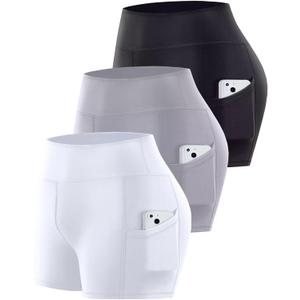 3 Pack Biker Shorts with Pockets Women,5 Soft High Waist Tummy Control Yoga Workout Athletic Running (Small-Medium, Black/Grey/White)