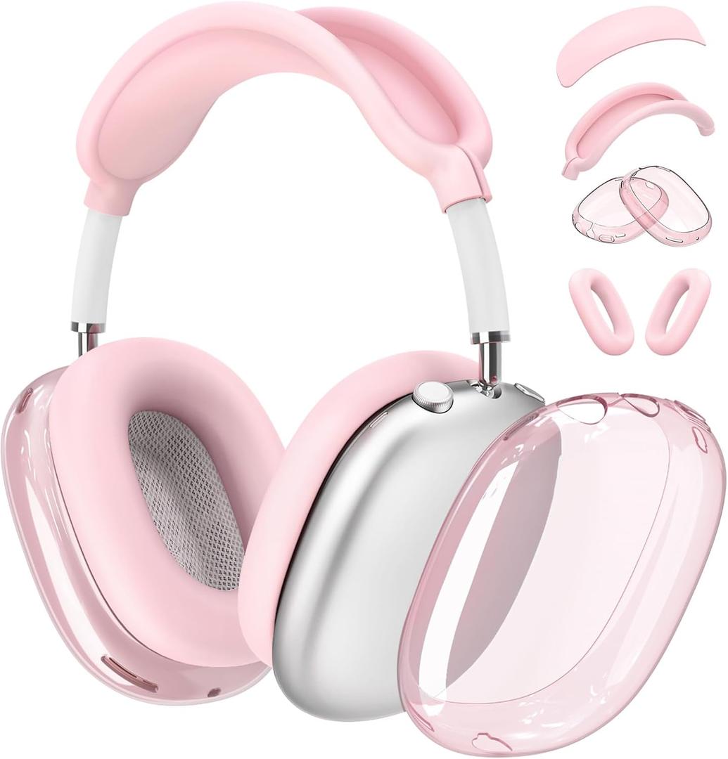 【4 in 1】 Set for Apple AirPod Max Case Cover, Anti-Scratch Ear Pad Covers/ Ear Cups Cover/ Headband Cover, AirPod Max Covers Accessories for Apple AirPods Max (2020 Lightning / 2024 USB-C)-Clear Pink