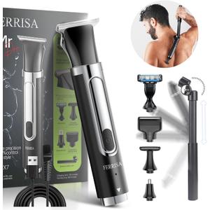 FERRISA 5-in-1 Back Shaver for Men, Electric Shavers for Men with Detachable and Extendable Long Handle, Mens Back Shaver with Travel Lock, Self-Service Body Hair Trimmer for Wet or Dry Shaving Black