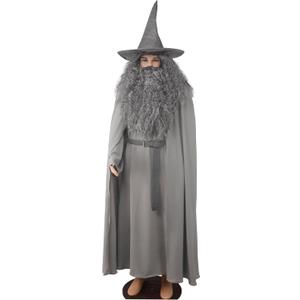 Grey Wizard Costume for Adult Medieval Pilgrim Cosplay Outfit with Hat Robe Cloak Wig Beard for Halloween LARP