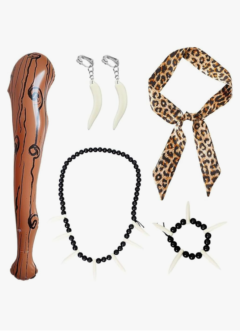 sanderala 5 Pcs Caveman Costumes Accessories Leopard Headband Necklace Tooth Bone Bracelet Earrings for Stone age Halloween Cosplay