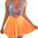 B2prity Women Cutout One Piece Skirt Swimsuit V Neck Wrap Tie Back Swimdress Tummy Control Bathing Suits (Large, Orange,floral)
