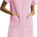 SIORO Zipper Robes for Women Short Sleeve Bathrobes Lightweight House Coat Waffle Knit Knee Length Loungewear with Pockets (Pink, S)