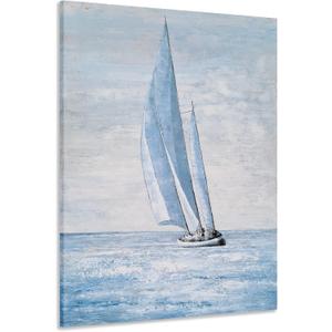 Yihui Arts Coastal Sailing Boat Canvas Wall Art - Blue and White Nautical Picture for Living Room, Bedroom, or Bathroom Decor with Vertical Seaside Artwork (24L" x 16W")