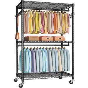 FUTASSI P1 Plus Rolling Clothes Rack, 22mm Diameter Heavy Duty Garment Rack with Wheels, Portable Closet Wardrobe with Double Rods, 45" W x 17.7" D x 80.5" H, Max Load 524 LBS, Black