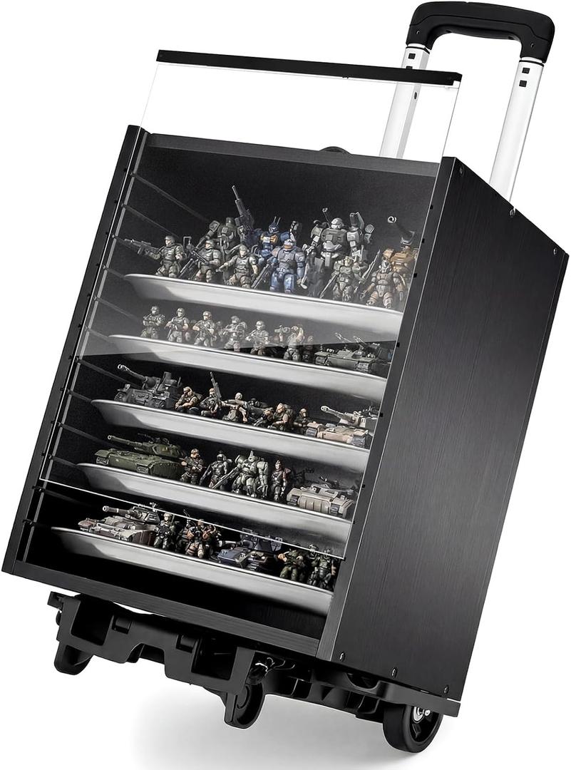 Miniature Display Case Miniatures Carrying Case for Transport and Storage with 1 Detachable Trailer and 5 Silver Metal Trays Display Shelf for Collectibles, Black