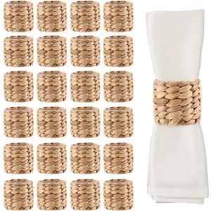 JAPCHET Set of 25 Round Woven Napkin Ring, 1.96x1.96 inch Water Hyacinth Farmhouse Rattan Napkin Rings, Handmade Braided Nature Napkin Rings for Party, Wedding