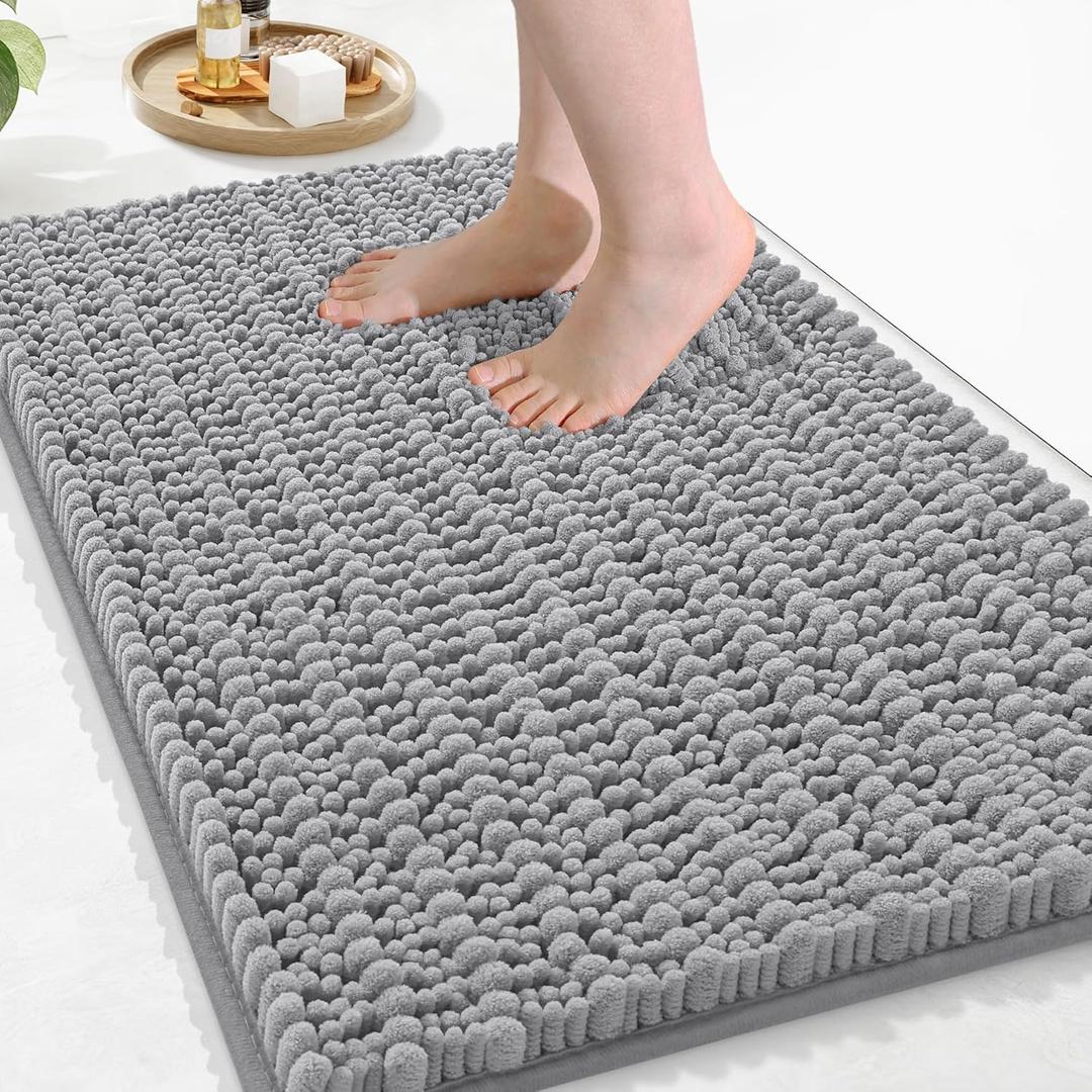 Arotive Luxury Chenille Bathroom Rug Mat, Extra Soft Thick Absorbent Shaggy Bath Rugs, Non-Slip Machine Wash Dry, Plush Bath Mats for Bathroom, Shower and Tub, 34x21, Light Grey
