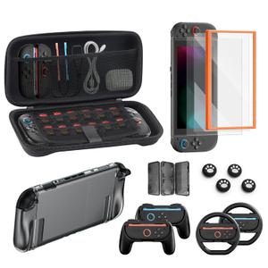 Switch 2 Accessories Bundle for Nintendo, 16 in 1 Game Kit: Carrying Case, Two Screen Protector with Alignment Frame, Steering Wheel for Mario Kart, Grip for joycon Controller Console Protective Cover