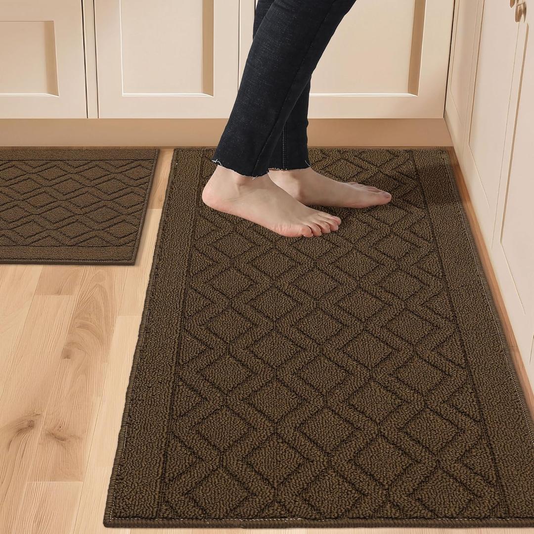COSY HOMEER 48x20 Inch/30X20 Inch Kitchen Rug Mats Made of 100% Polypropylene 2 Pieces Soft Kitchen Mat Specialized in Anti Slippery and Machine Washable, Brown (20"x30"+20"x48")