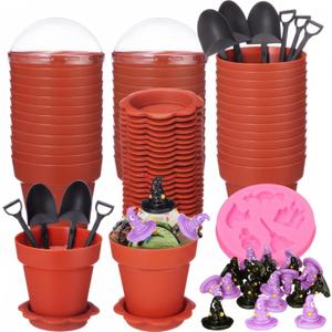 Maxdot 24 Pack Halloween Flowerpot Dessert Cup with Lids and Shovel Spoon Bottom Tray Halloween Cake Decoration Mold Small Flowerpot Cups Dessert Ice Cream Holder for Party DIY Supplies(Witch Hat)