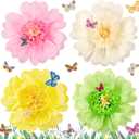 SUNBEAUTY 4 PCS Pastel Paper Flower Decorations 3D Butterflies Stickers Crepe Large Paper Flowers Tissue Paper Flowers for Wall Spring Garden Birthday Baby Shower Tea Easter Party Classroom Wedding