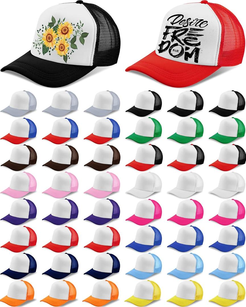 48 Pcs Sublimation Trucker Hat Bulk Unisex Blank Mesh Baseball Caps with 16 Colors DIY Adjustable Plain Polyester Colored Summer Trucker Caps for Men Women Embroidery Printing Outdoor Sports