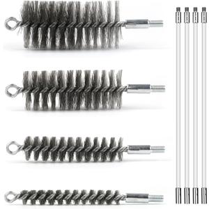 50 in Pipe Cleaning Brush Set with Stainless Steel Bristles, Wire Brush with 4 Flexible Rods, Stainless Steel Pipe Brush 4pcs for Auto Parts, Bottles, Tubes. (3/5, 1, 1 3/5, 2 in Brush Heads)