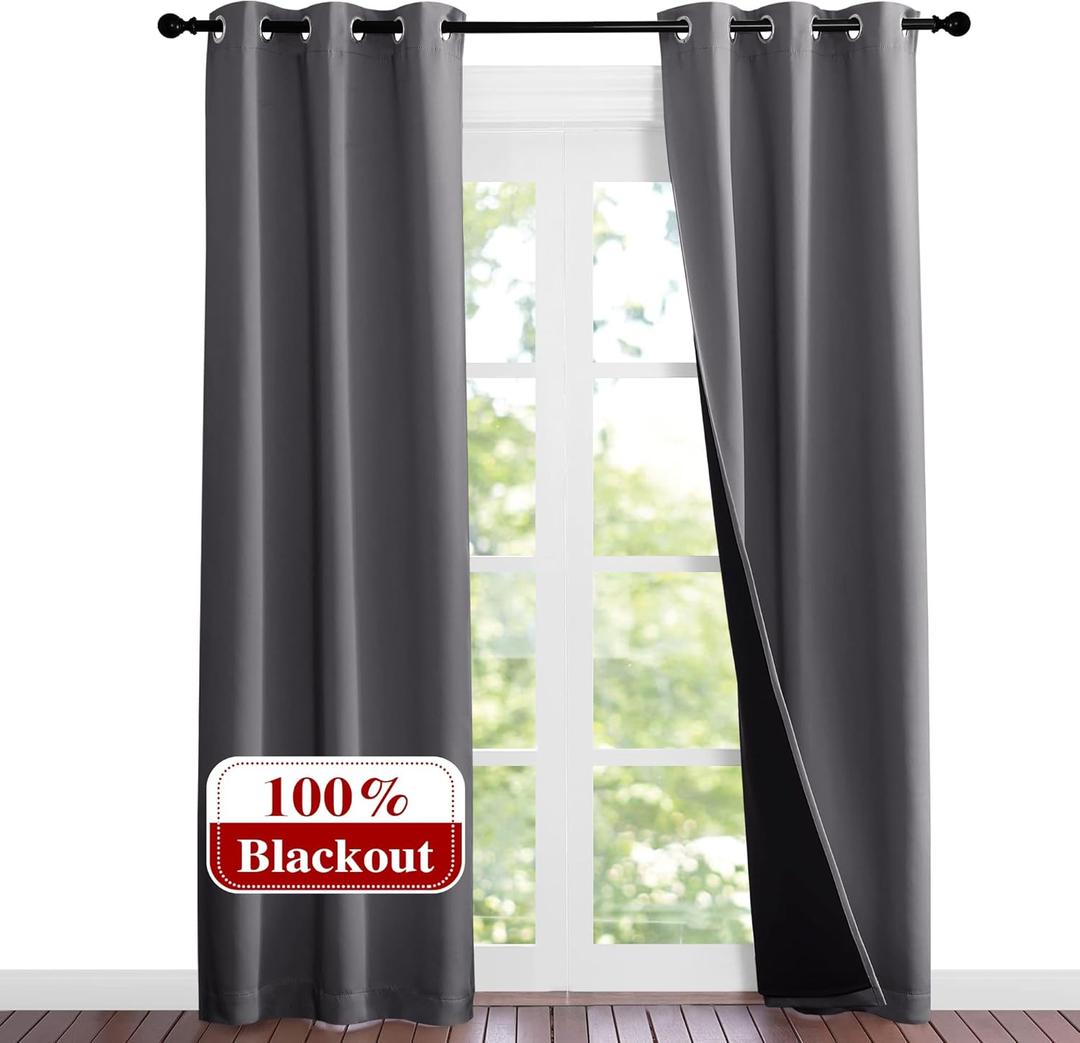 NICETOWN Grey Full Shade Curtain Panels, 37" Wide x 80" Long, Gray, Pair of Thermal Insulated & Energy Efficiency Blackout Curtains for Living Room Windows, Lined Silky Performance Window Dressing