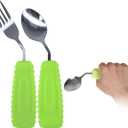 Adaptive Utensils Angled Spoon and Fork for Hand Tremors Parkinsons,Weighted Utensils with Non-Slip Easy Grip Handles for Independent Eating (1pcs Spoon+1pcs Fork=2 pcs,Green,Right Hand)