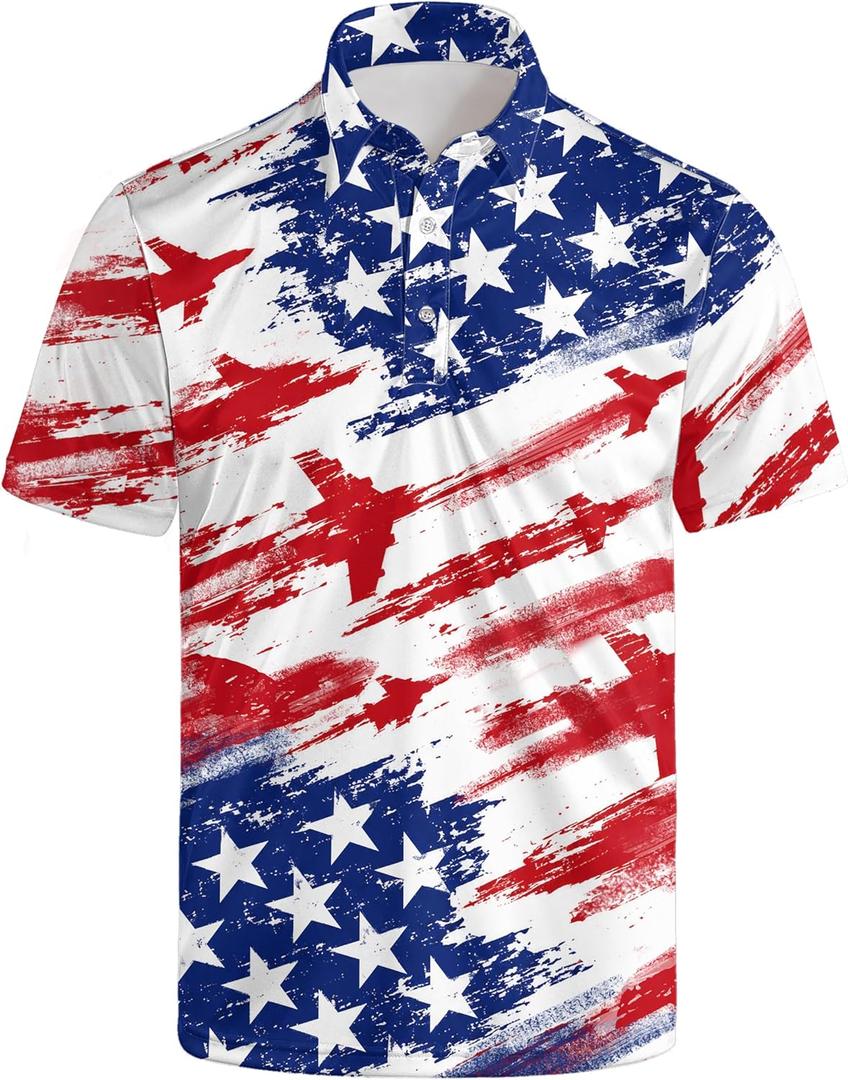 Golf Shirts for Men Funny Golf Polo Shirts Short Sleeve Polo Shirts Moisture Wicking Performance Golf Outfits (X-Large, American Flag-3)