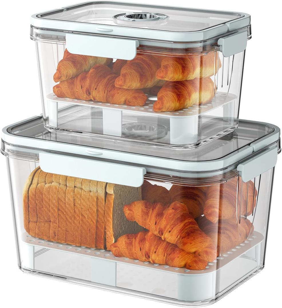 Bread Box for Kitchen Countertop: 2 Pack Airtight Breadbox Food Storage Container, Portable Large Plastic Clear Container with Lid for Homemade Bread, Toast, Bagel, Donut, Cookies and Fruits