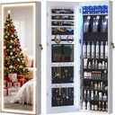 LVSOMT LED Mirror Jewelry Cabinet, Wall/Door Mount Jewelry Armoire Organizer with Lights, Full Length Mirror with Jewelry Storage, Over the Door Hanging Jewelry Cabinet (White)