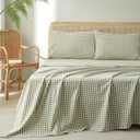 HighBuy King Size Sheet Set 100% Washed Cotton Gingham Bedding Sheets,Cooling & Breathable Sage Green Plaid Design,Comfortable Feel,16" Deep Pocket,4-Piece Sheets Set,Farmhouse Grid Sheets