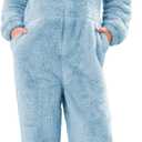 Flygo Girls Fleece Jumpsuits Fuzzy Hooded Rompers Kids Zip up Onesie Romper Costume Warm Winter Clothes 5-14 Years (Blue, L)